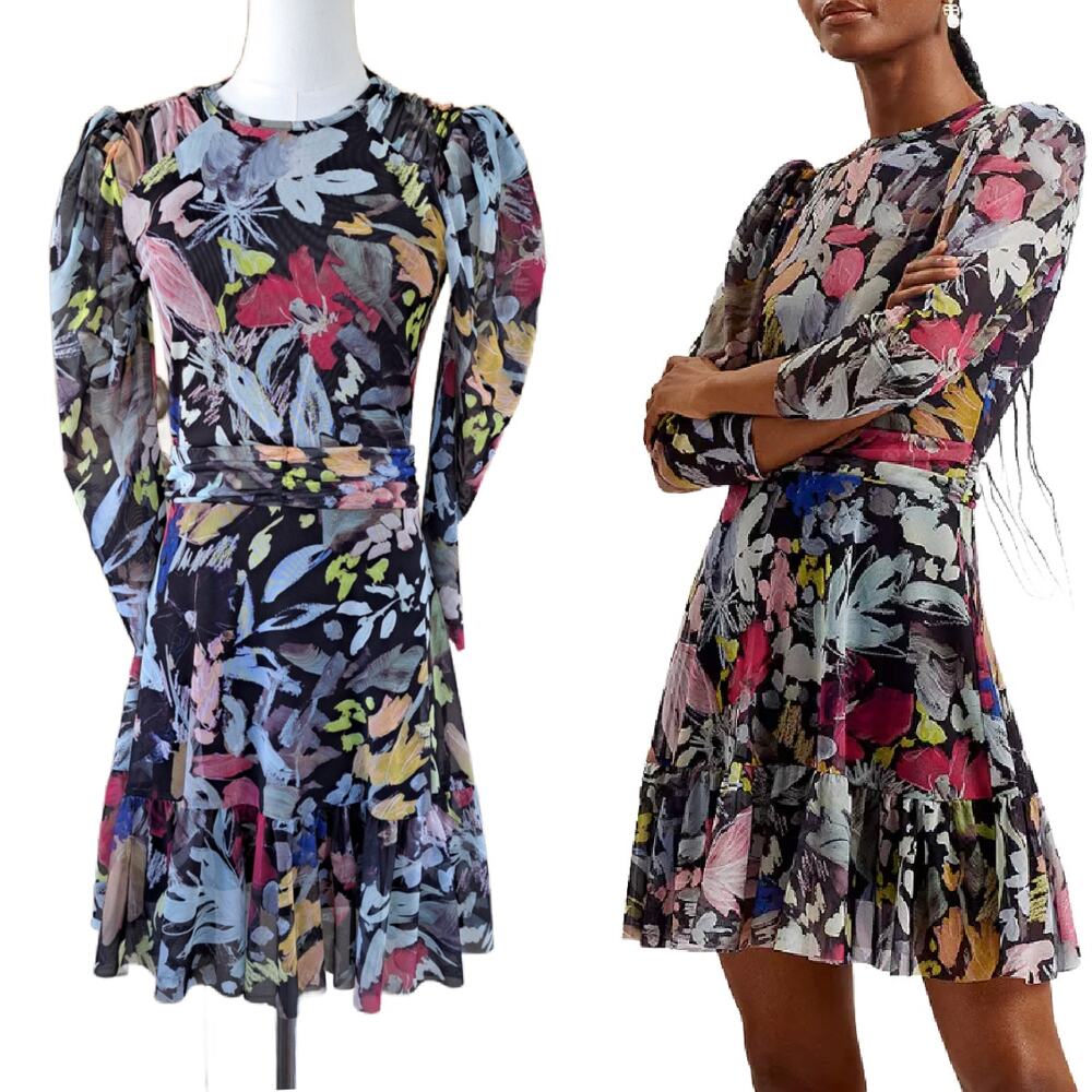 TED BAKER Payslyy Dark Floral Mesh Mini Dress Size 4 US Puff Sleeve Fit & Flare